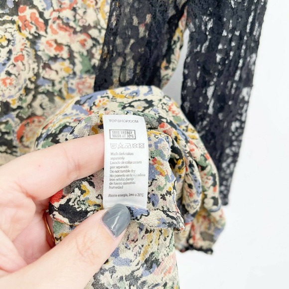 Topshop Lace Floral Paisley Blouse Top Sz 12 Multicolor Crewneck Long Sleeve - Picture 6 of 7